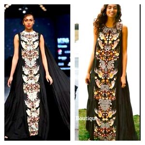 SAMANT CHAUHAN Anthropologie Black Embroidered Oversized Maxi Dress Size 8P
